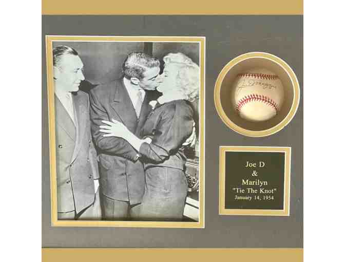 Baseball autographed by Joe DiMaggio in shadowbox with framed photograph