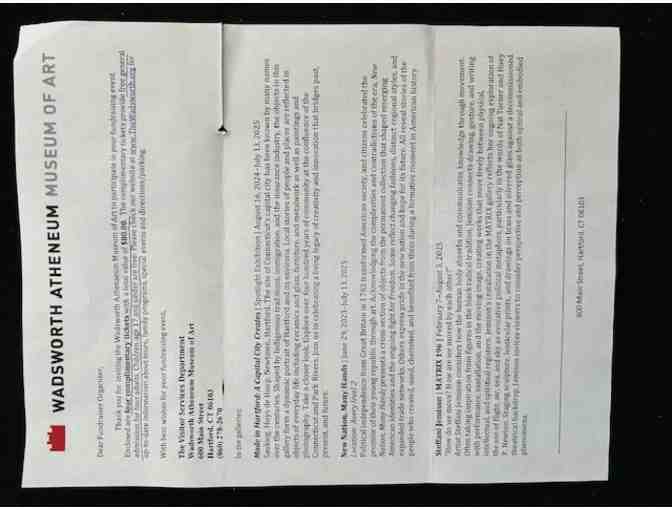 ADMISSION 'Wadsworth Museum' (2 Passes, Hartford, Art Atheneum)