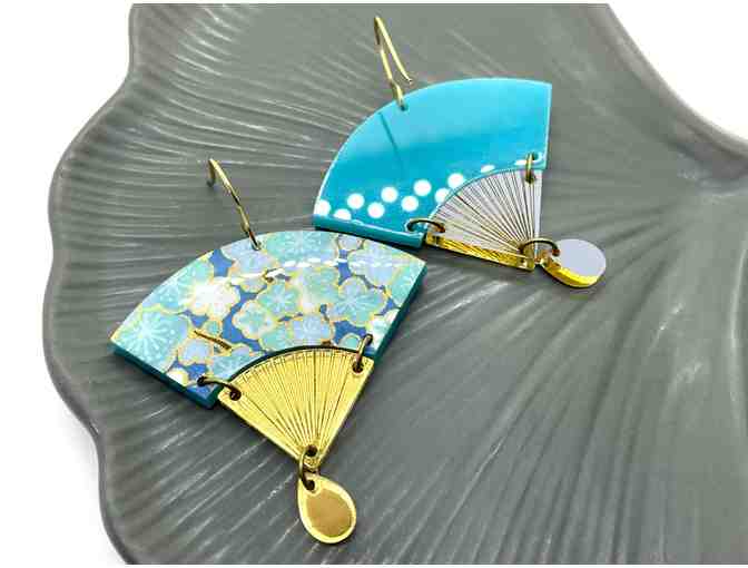 Blue and Gold Japanese Fan Earrings by PrettyKiku