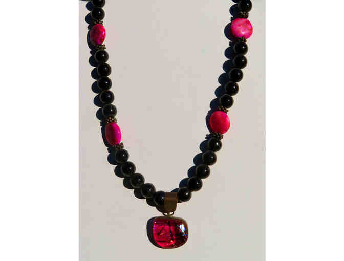 Hand Blown Pink Glass Pendant with Pink Stones-Lot 52