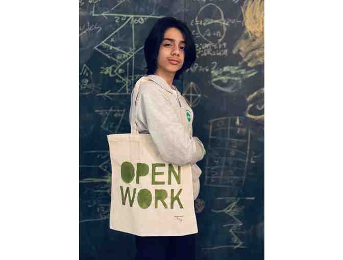 OPEN WORK stenciled canvas bag handmade by 7th grader Tej Abumrad