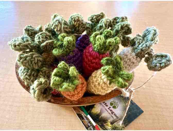 Hand Crocheted Vegetables in an Olive Wooden Bowl