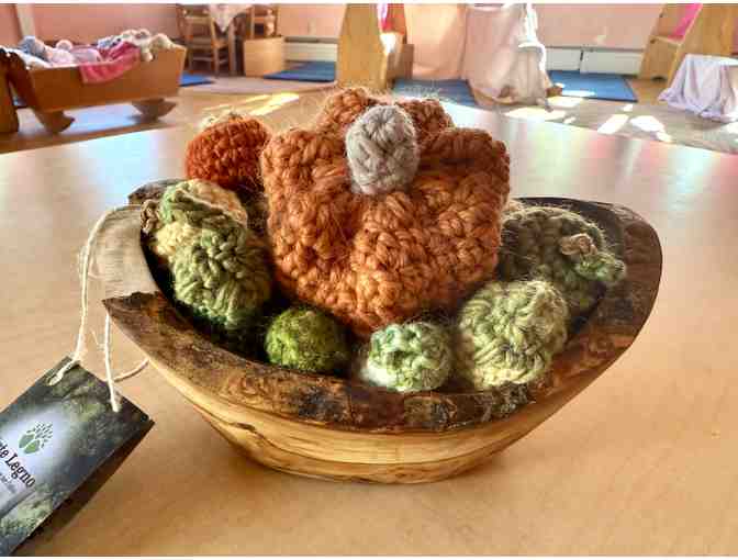 Hand Crocheted Vegetables and Fruit in an Olive Tree Wooden Bowl