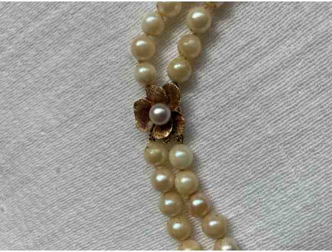 Vintage double strand genuine pearl necklace with 14K gold flower clasp