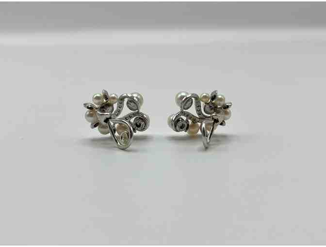 Vintage 14k white gold clip-on earrings with diamonds and pearls