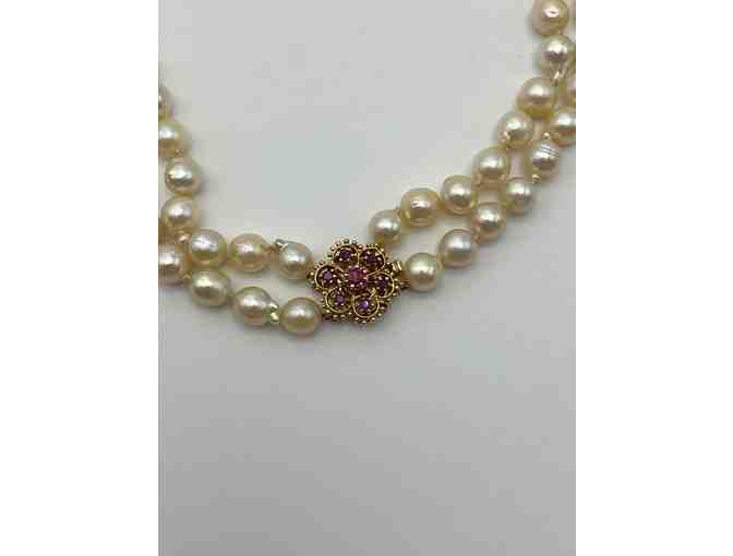 Vintage baroque pearl necklace with 14k gold clasp embellished with rubies